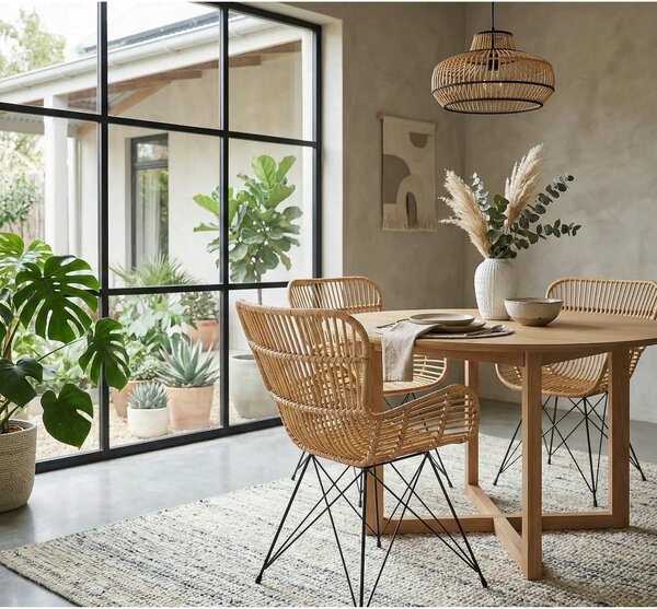 Scaun de gradina K335, bej/negru, rattan natural/otel, 61x63x90x45 cm
