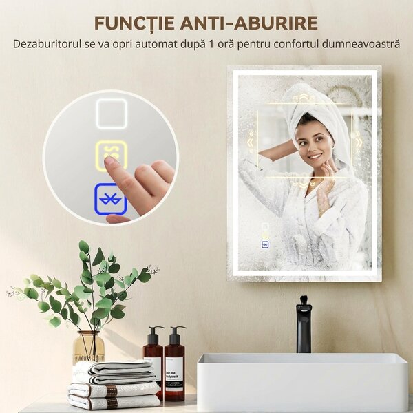 HOMCOM Oglindă Baie Antiaburire cu Lumină LED și Difuzor Bluetooth 50x70 cm | Aosom Romania