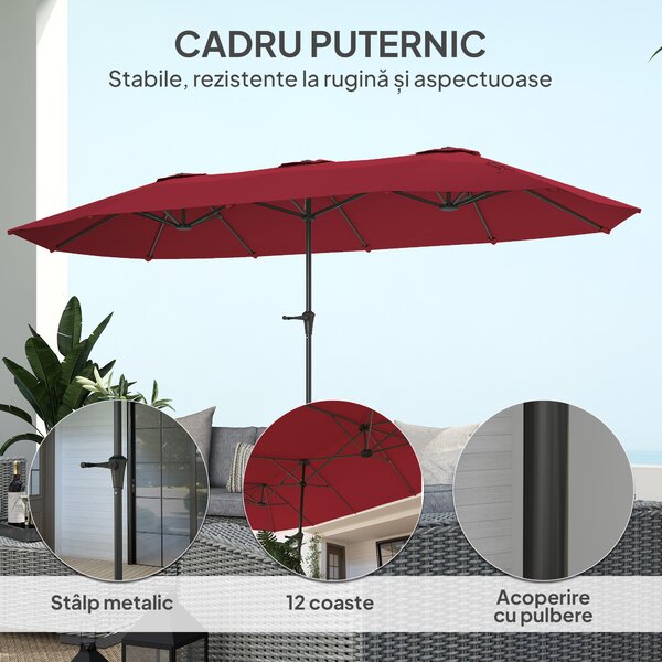 Outsunny Umbrelă Dublă de Grădină cu 12 Spițe, Orificii de Ventilație și Manivelă, 400x220x234 cm, Roșu Vin | Aosom Romania