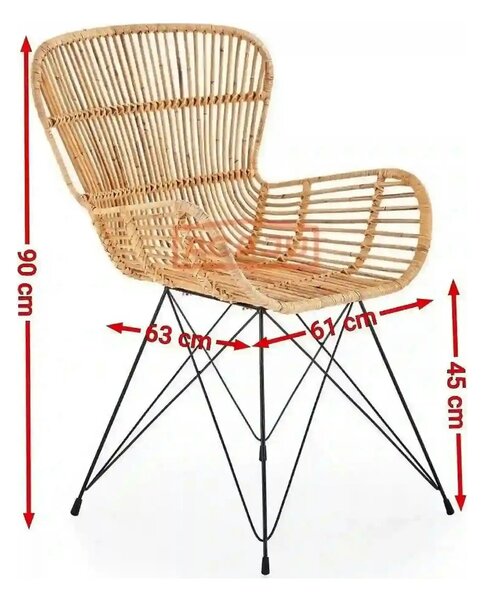Scaun de gradina K335, bej/negru, rattan natural/otel, 61x63x90x45 cm