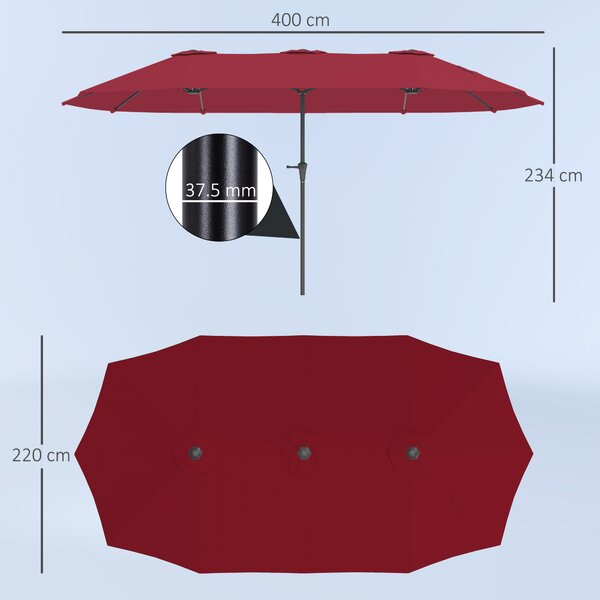 Outsunny Umbrelă Dublă de Grădină cu 12 Spițe, Orificii de Ventilație și Manivelă, 400x220x234 cm, Roșu Vin | Aosom Romania