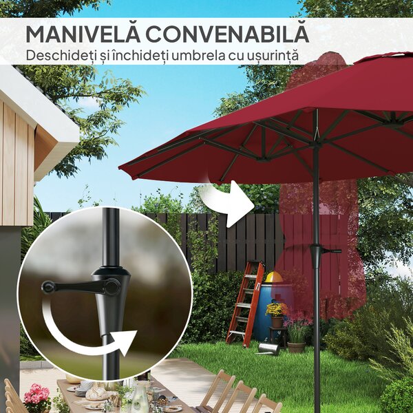 Outsunny Umbrelă Dublă de Grădină cu 12 Spițe, Orificii de Ventilație și Manivelă, 400x220x234 cm, Roșu Vin | Aosom Romania
