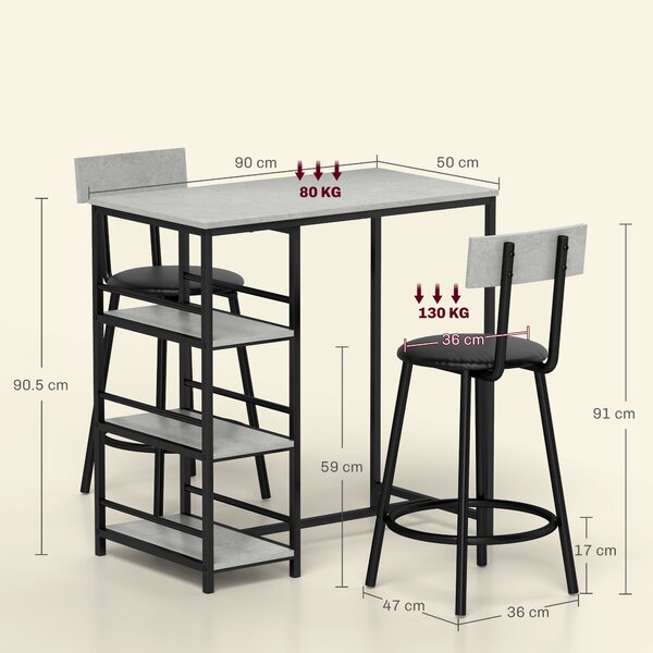HOMCOM Set Masă de Bar cu 3 Rafturi și 2 Scaune cu Spătar, 90x50x90.5 cm, Gri Deschis | Aosom Romania