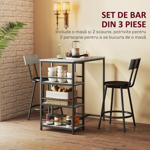 HOMCOM Set Masă de Bar cu 3 Rafturi și 2 Scaune cu Spătar, 90x50x90.5 cm, Gri Deschis | Aosom Romania