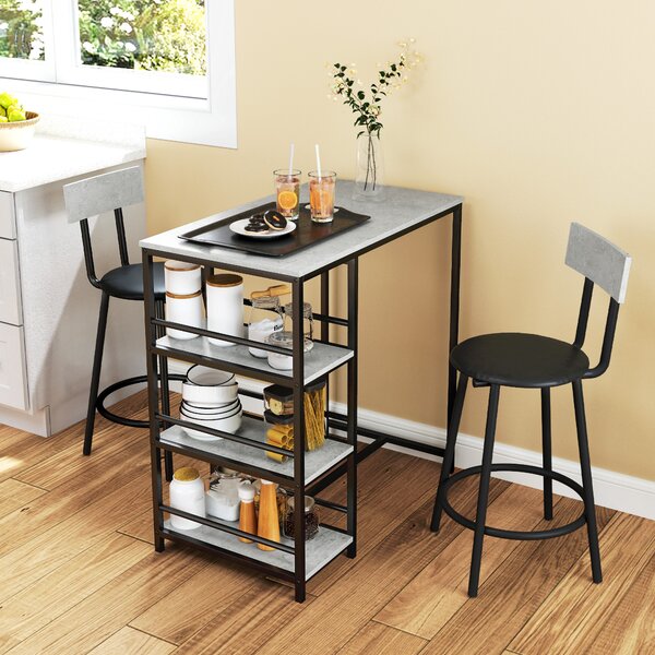 HOMCOM Set Masă de Bar cu 3 Rafturi și 2 Scaune cu Spătar, 90x50x90.5 cm, Gri Deschis | Aosom Romania