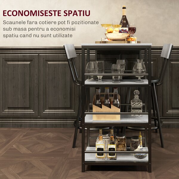 HOMCOM Set Masă de Bar cu 3 Rafturi și 2 Scaune cu Spătar, 90x50x90.5 cm, Gri Deschis | Aosom Romania