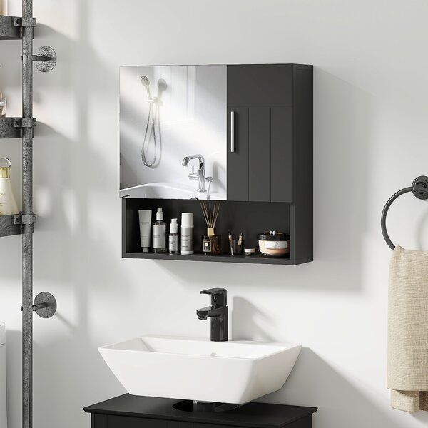Kleankin Dulap cu Oglindă pentru Baie 2 Uși și Raft Deschis 54x15.2x55.3 cm Negru | Aosom Romania