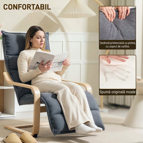 HOMCOM Fotoliu Ergonomic Lemn și Catifea Suport pentru Picioare Reglabil Gri Închis | Aosom Romania
