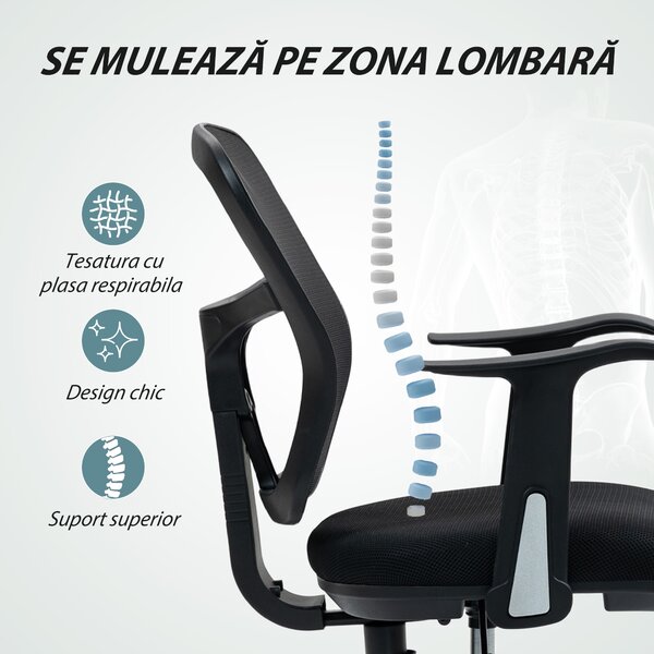 HOMCOM Scaun de Birou Rotativ cu Inel pentru Sprijinirea Picioarelor și Spătar Curbat, 55x58x94 cm, Negru | Aosom Romania