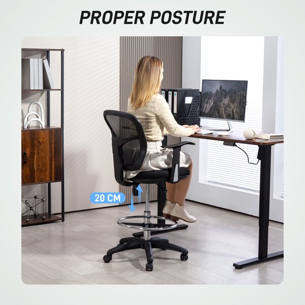 HOMCOM Scaun de Birou Rotativ cu Inel pentru Sprijinirea Picioarelor și Spătar Curbat, 55x58x94 cm, Negru | Aosom Romania