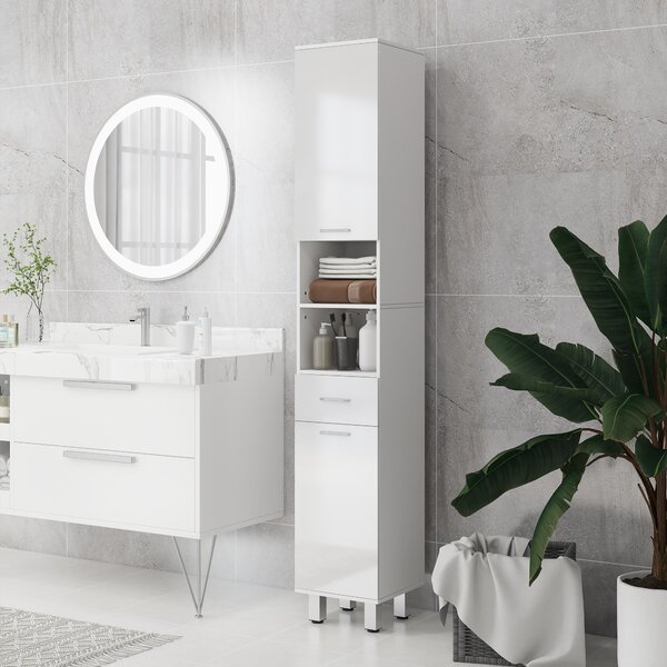Kleankin Mobilier pentru Baie cu 1 Sertar 3 Rafturi Ajustabile și 2 Dulapuri, 30x30x180 cm, Alb Lucios | Aosom Romania