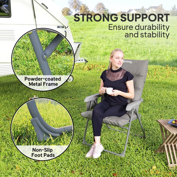 Outsunny Scaun de Camping Pliabil cu Spătar Înalt Reglabil în 5 Poziții și Buzunare Laterale, 66x58x105 cm, Gri Deschis | Aosom Romania