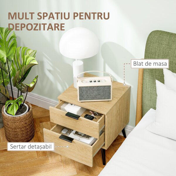HOMCOM Set de 2 Noptiere cu 2 Sertare pentru Dormitor sau Camera de Zi, 40x40x50 cm, Lemn Natural | Aosom Romania
