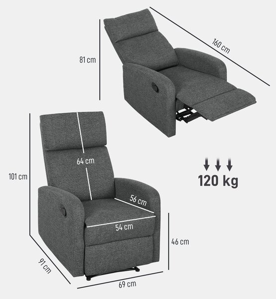 HOMCOM Fotoliu Modern Reclinabil 145° max, Tapițat din Chenille Gri | Aosom Romania