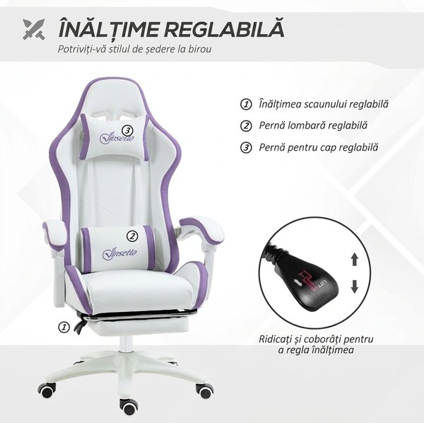 Vinsetto Scaun Gaming Reglabil pe Înălțime cu Tetieră, Alb și Mov | Aosom Romania