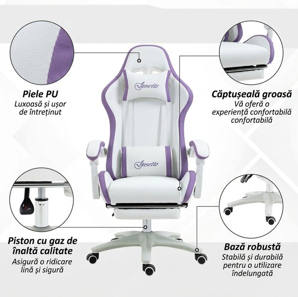 Vinsetto Scaun Gaming Reglabil pe Înălțime cu Tetieră, Alb și Mov | Aosom Romania