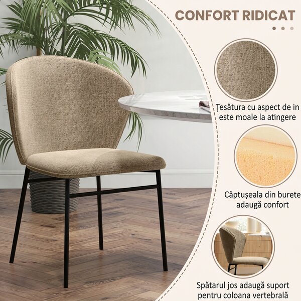 HOMCOM Scaun de masă, Design contemporan și elegant, Material textil cu efect de in, Oțel, 52 x 55 x 80 cm, Maro deschis | Aosom Romania