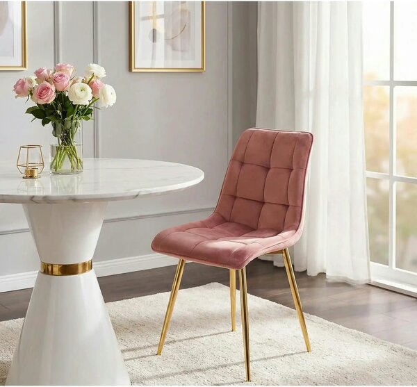Scaun tapitat stofa catifelata CHIC, roz/auriu, 50x58x88 cm