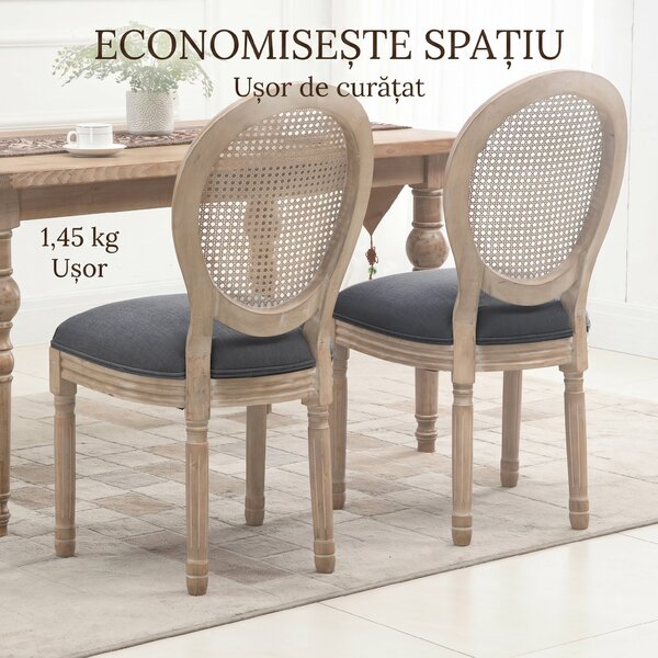HOMCOM Set 2 Scaune de Dining Vintage, Material cu Efect de In, Spătar din Ratan Perforat, Picioare din Lemn, Gri | Aosom Romania