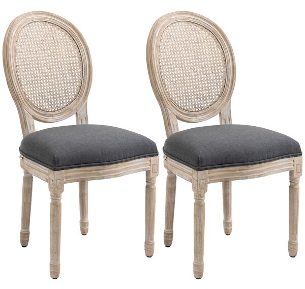 HOMCOM Set 2 Scaune de Dining Vintage, Material cu Efect de In, Spătar din Ratan Perforat, Picioare din Lemn, Gri | Aosom Romania