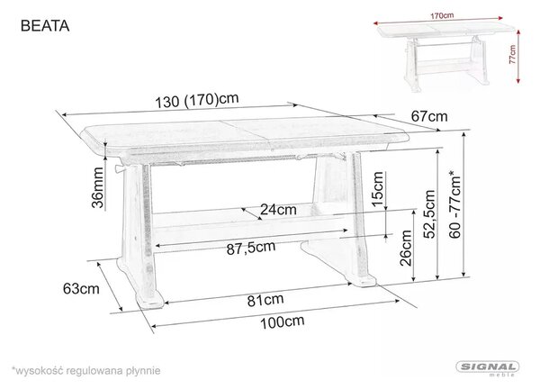 Masa extensibila BEATA, stejar sonoma, lemn de fag, 130/170x67x60/77 c