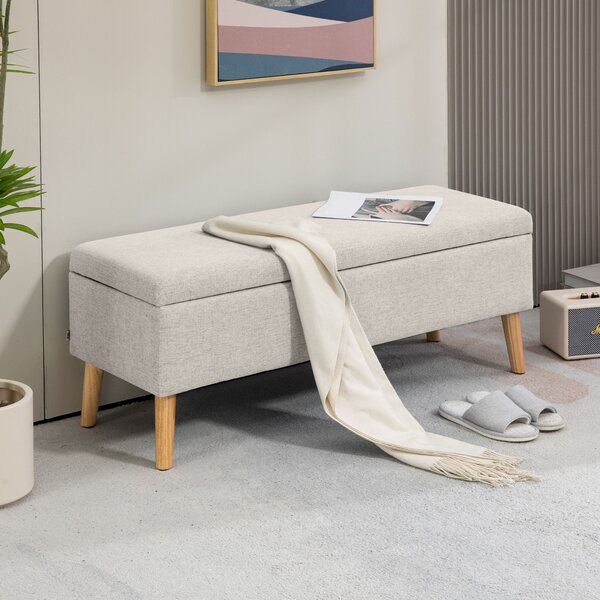 HOMCOM bancă cu spațiu de depozitare 110 x 39 x 45 cm din material cu aspect de in, picioare din lemn de cauciuc, capacitate 220 kg, bej | Aosom Romania