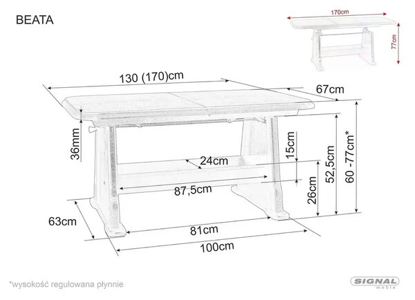 Masa extensibila BEATA, wenge, PAL/lemn, 130/170x67x60/77 cm