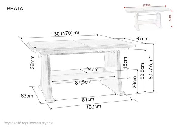 Masa extensibila BEATA, castan, PAL/lemn, 130/170x67x60/77 cm