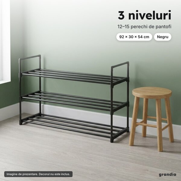 Suport pentru pantofi pe 3 niveluri, metalic, 12–15 perechi, 92 × 30 × 54 cm, negru