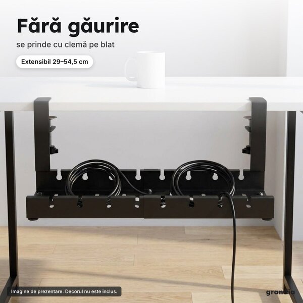 Tavă metalică pentru cabluri sub birou, cu cleme, fără găurire, extensibilă 29–54,5 cm, neagră