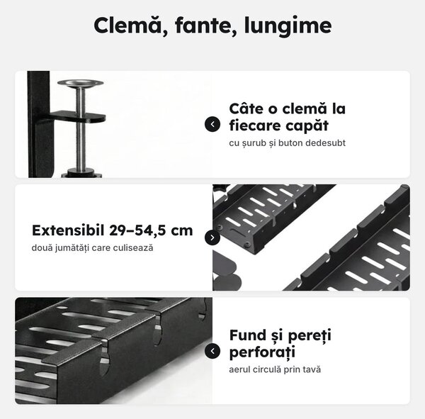 Tavă metalică pentru cabluri sub birou, cu cleme, fără găurire, extensibilă 29–54,5 cm, neagră