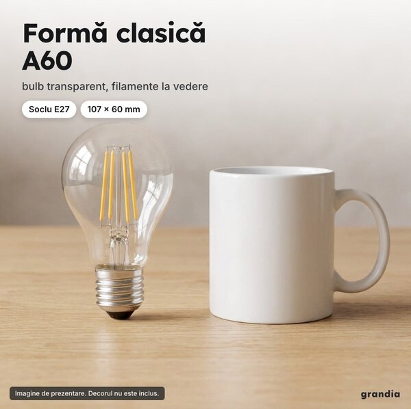 Bec LED cu filament A60, soclu E27, 8 W, stil vintage