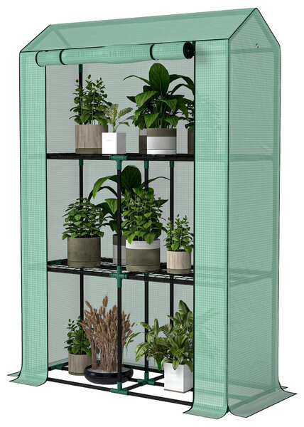 Outsunny Sera Mini cu 3 Niveluri, Copertină din PE cu Armătură și Ușă Rulabilă, 100x40x150 cm, Verde | Aosom Romania