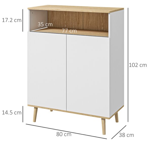 HOMCOM Bufet de bucătărie scandinav cu 2 uși, raft reglabil și picioare din lemn de pin, 80x38x102 cm, alb și stejar | Aosom Romania