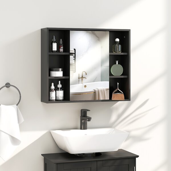HOMCOM Dulap cu Oglindă pentru Baie, 3 Rafturi Laterale, Raft Reglabil, MDF și PAL, 60x14,5x49,4 cm, Negru și Lemn Natur | Aosom Romania