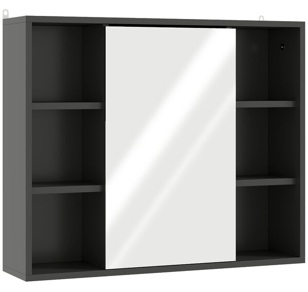 HOMCOM Dulap cu Oglindă pentru Baie, 3 Rafturi Laterale, Raft Reglabil, MDF și PAL, 60x14,5x49,4 cm, Negru și Lemn Natur | Aosom Romania