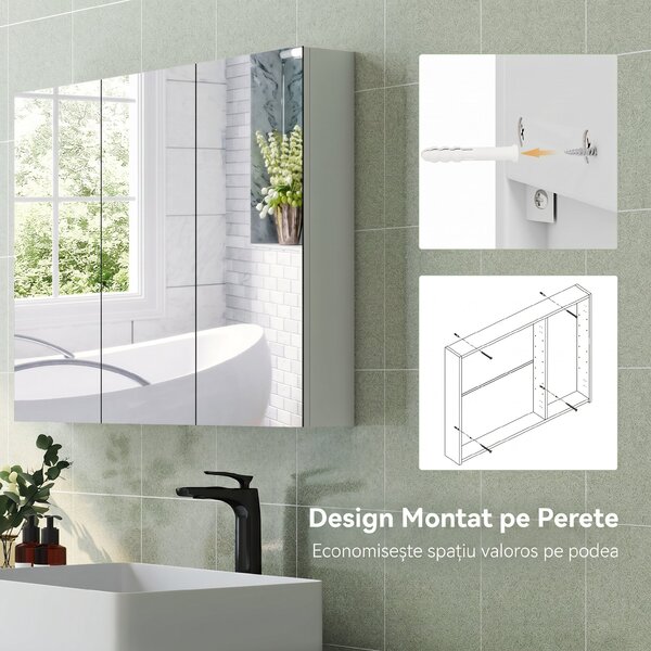 HOMCOM Dulap de Baie cu Oglindă, 3 Uși, 4 Rafturi Reglabile, 91,5 x 11,5 x 65 cm, Alb | Aosom Romania