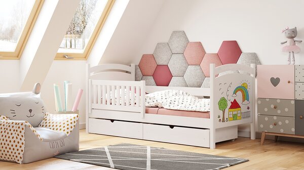 Pat copii cu tablă de scris Amely 90x190 - culoare alb