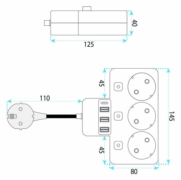 Prelungitor 3 Prize + 3x USB-A + USB-C JNH018 White
