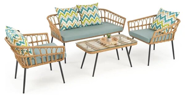Banca GARDENA 2S, stejar/negru, rattan sintetic/otel, 140x68x71 cm