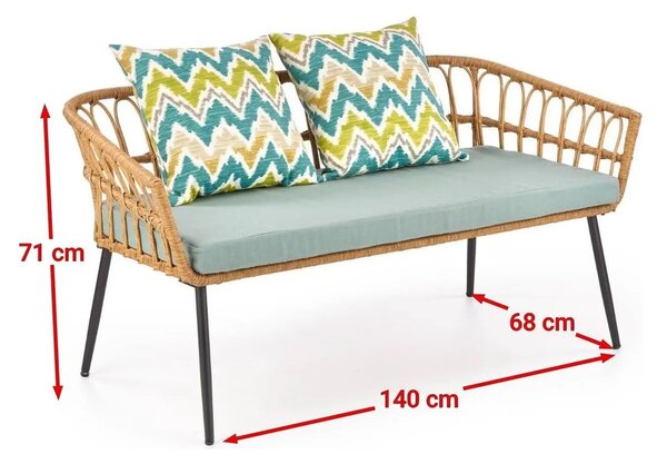 Banca GARDENA 2S, stejar/negru, rattan sintetic/otel, 140x68x71 cm