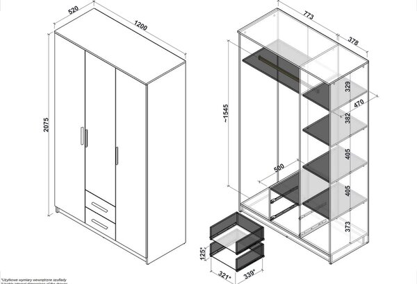 Dulap LIMA S-3, alb, PAL laminat, cu 3 usi si 2 sertare, 120x52x205 cm