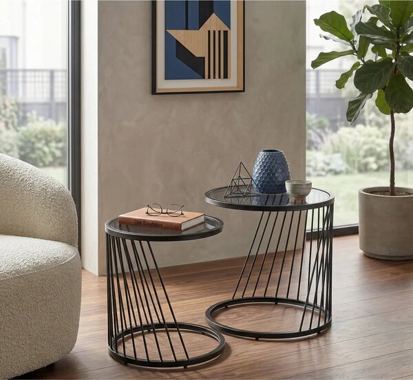 Set 2 masute cafea ANTILLA, transparent/negru, sticla/otel