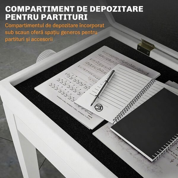 Scaun de Pian HOMCOM Reglabil cu Compartiment de Depozitare și Scaun Imbunătățit, 54.5x33x48-58 cm, Alb | Aosom Romania
