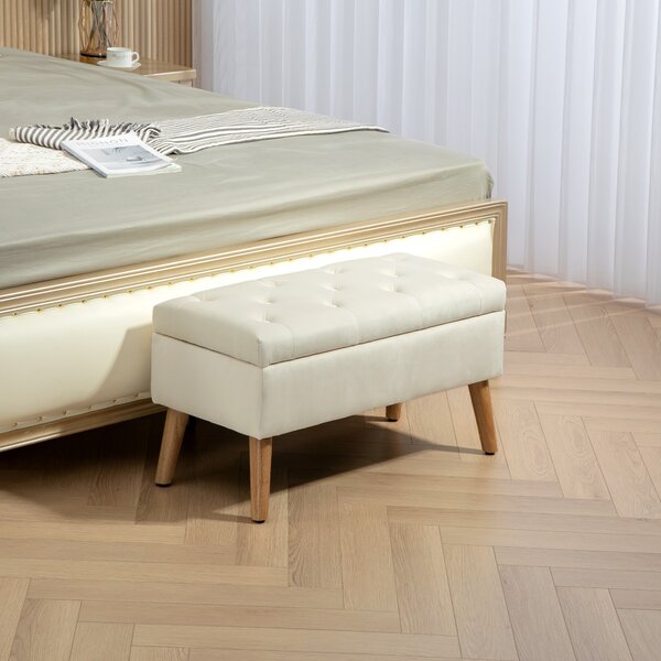 HOMCOM Taburet cu Depozitare In Catifea Picioare In Lemn Di Cauciuc 80x35x42 cm Crem | Aosom Romania
