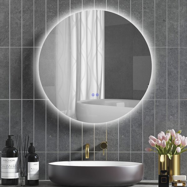 Kleankin Oglinda de Baie Rotunda cu Lumina LED in 3 Culori si intrerupatoare Touch, Ø70x3.5 cm, Transparent | Aosom Romania