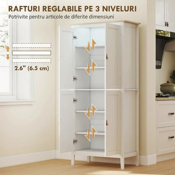 HOMCOM Bufet Înalt de Bucătărie 177 cm, Dulap cu Lumină LED, Reglabil în 3 Culori, Rafturi Ajustabile, Alb | Aosom Romania