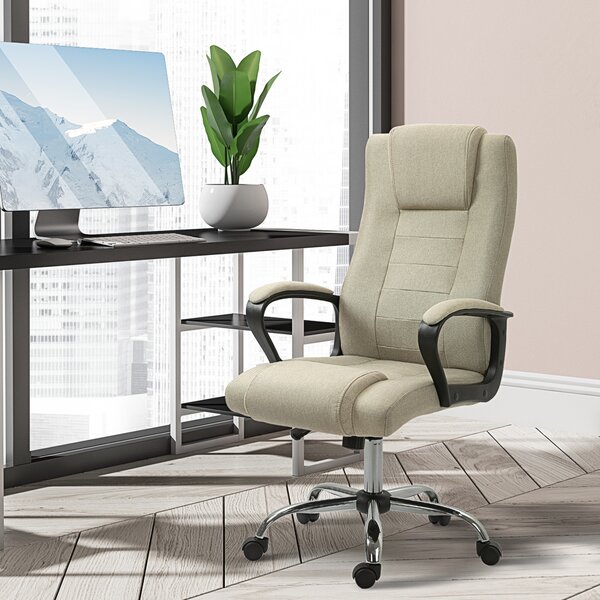 Vinsetto Scaun de Birou Ergonomic, Rotativ și Înclinabil, din Țesătură cu Aspect de In, cu Tetieră, Bej | Aosom Romania