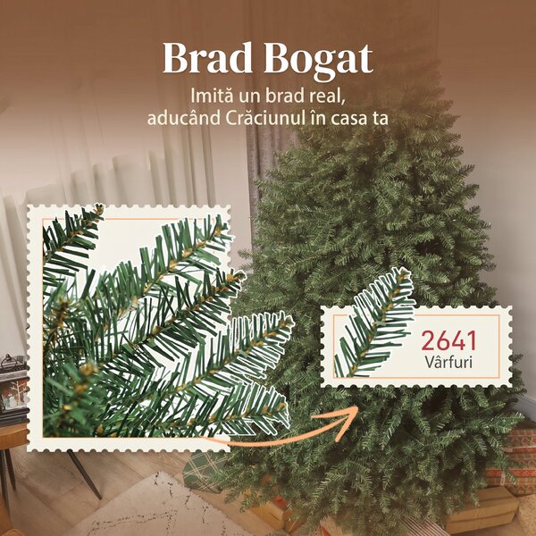 HOMCOM Brad de Crăciun Artificial 210 cm cu 2641 Ramuri Ignifuge, Brad de Crăciun Artificial Dens și Realist cu Bază Metalică Pliabilă, Asamblare Ușoară, pentru Casă și Spații Interioare, Verde | Aosom Romania