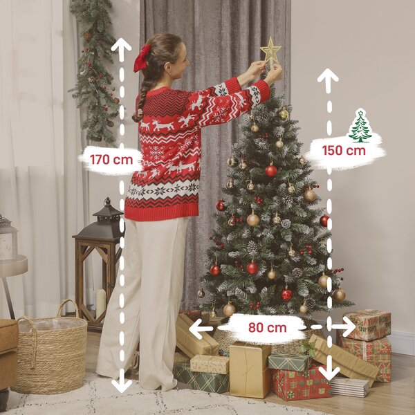 HOMCOM Brad de Crăciun Înnzăpezit Înalt de 150 cm cu 398 Ramuri, Brad Artificial de Interior cu Conuri și Boabe Roșii Decorative, Bază Metalică, Verde | Aosom Romania